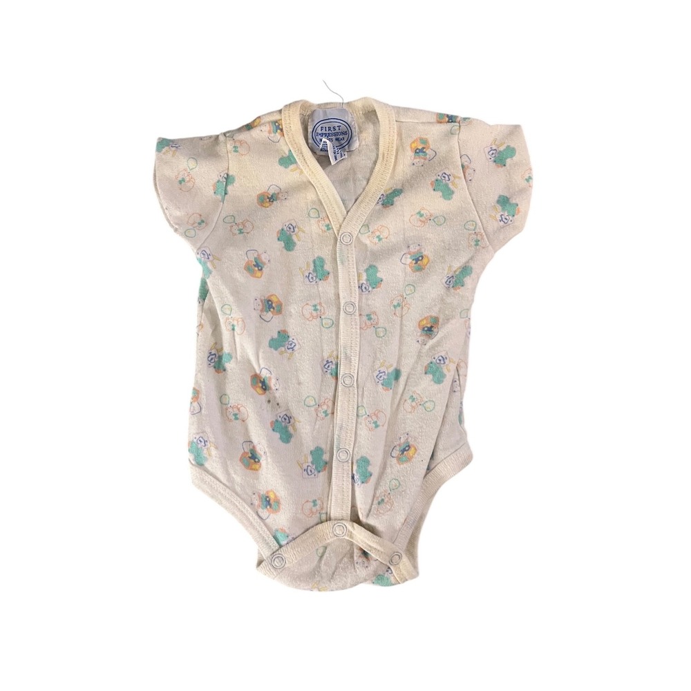 Vintage First Impressions Baby Bodysuit 3-6M Teddy Bear Print Snap Front Cream